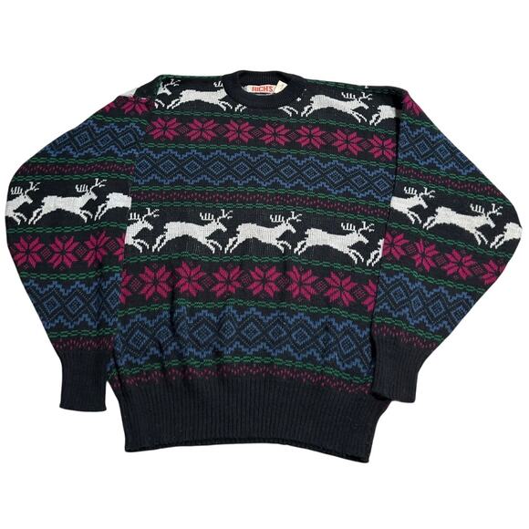 VTG Richs Sweater Christmas Fair Isle Nordic Reindeer Crew Neck Mens XL Black - Picture 1 of 8